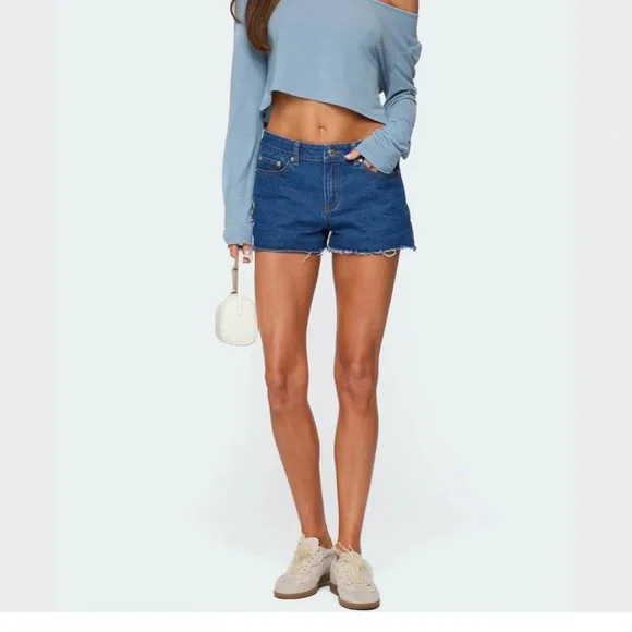 Edikted Dark Blue Jean Shorts - Picture 1 of 3